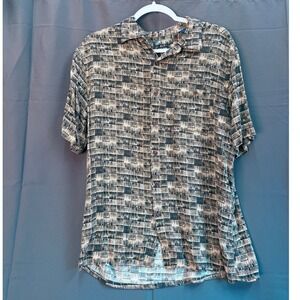 Campia Mens Large Rayon Button Down Shirt Short Sleeve Geometric Print Olive Tan